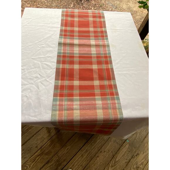 Table Runner  Pumpkin / Paprika Orange w Plaid includes sage green & white EUC - Picture 2 of 11